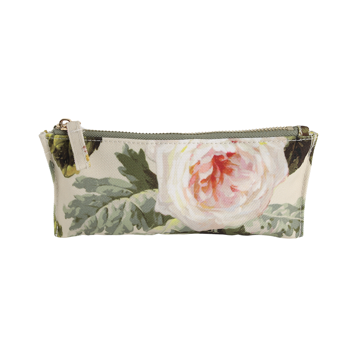 Francesca Pencil Case: A rectangular zippered pouch featuring a botanical print with a large white and pink rose and green leaves on a light background.