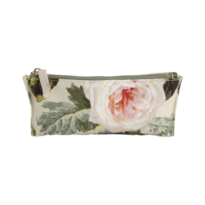 Francesca Pencil Case: A rectangular zippered pouch featuring a botanical print with a large white and pink rose and green leaves on a light background.