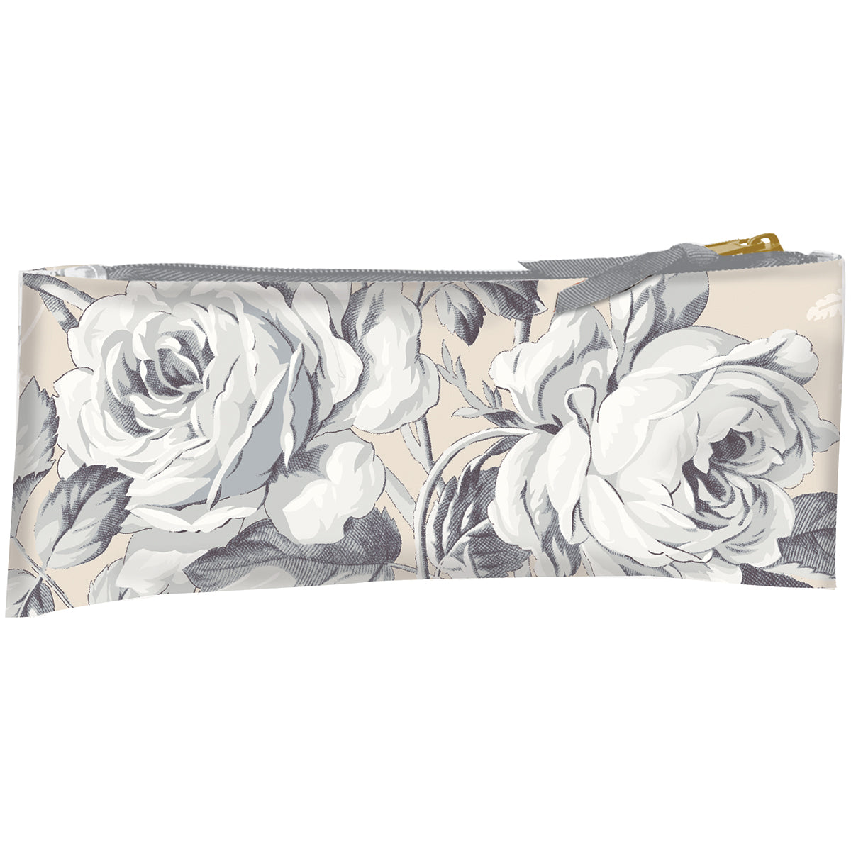 The Faded Rose Pencil Case is beige with large grayscale rose patterns, made from durable cotton and featuring a zippered top, ideal for storing art supplies.