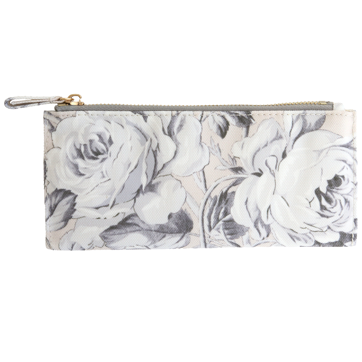 The Faded Rose Pencil Case is a rectangular cotton zippered pouch with a black and white floral rose pattern on a light background.