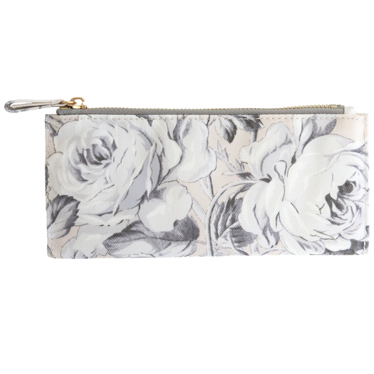 The Faded Rose Pencil Case is a rectangular cotton zippered pouch with a black and white floral rose pattern on a light background.