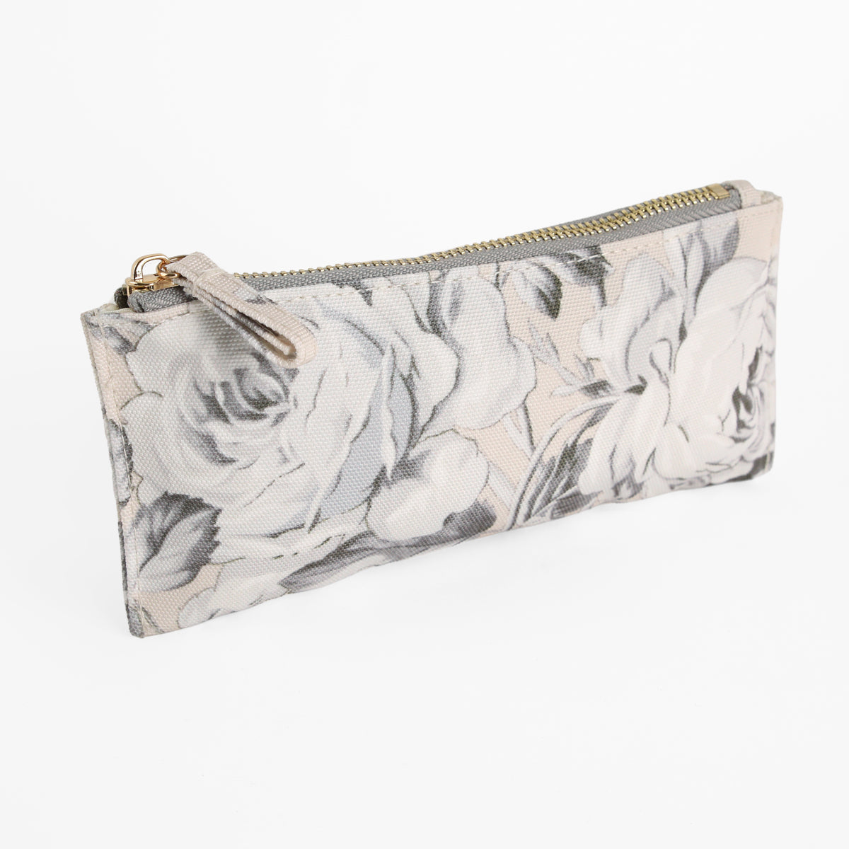 Faded Rose Pencil Case — a rectangular zippered pouch featuring a sophisticated floral pattern in shades of grey and white, displayed on a clean white background. This elegant case is an ideal gift for writers or anyone who values stylish organization.