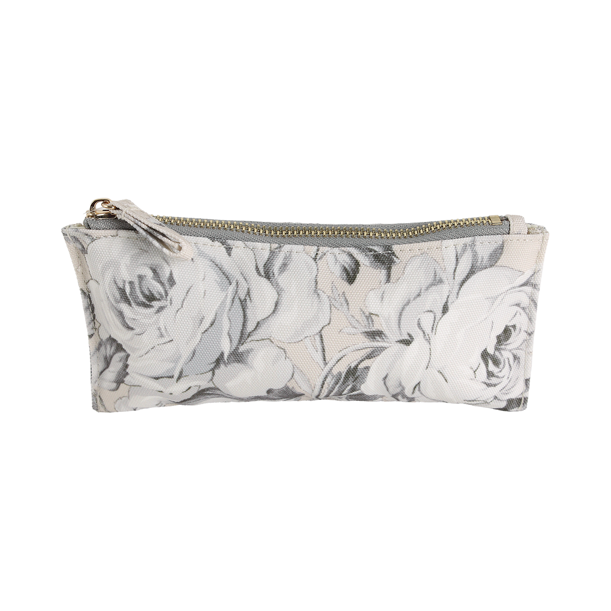 Faded Rose Pencil Case—a rectangular fabric zipper pouch with a subtle gray floral pattern and a gold top zipper—perfect for any stationery lover, shown against a white background.