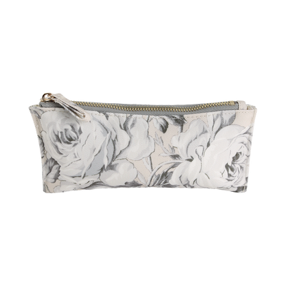 Faded Rose Pencil Case—a rectangular fabric zipper pouch with a subtle gray floral pattern and a gold top zipper—perfect for any stationery lover, shown against a white background.