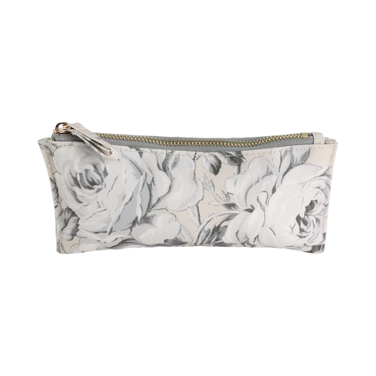 Faded Rose Pencil Case—a rectangular fabric zipper pouch with a subtle gray floral pattern and a gold top zipper—perfect for any stationery lover, shown against a white background.