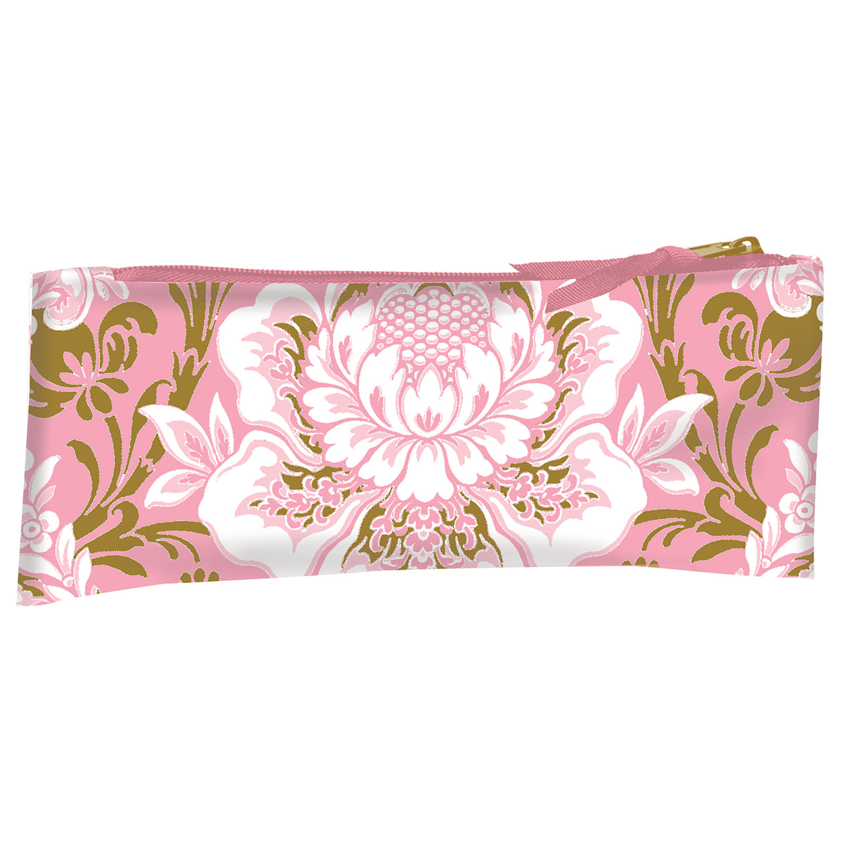 The Pink Damask Pencil Case is a durable cotton floral pencil case with a pink, white, and olive green design, ideal for organizing art supplies.