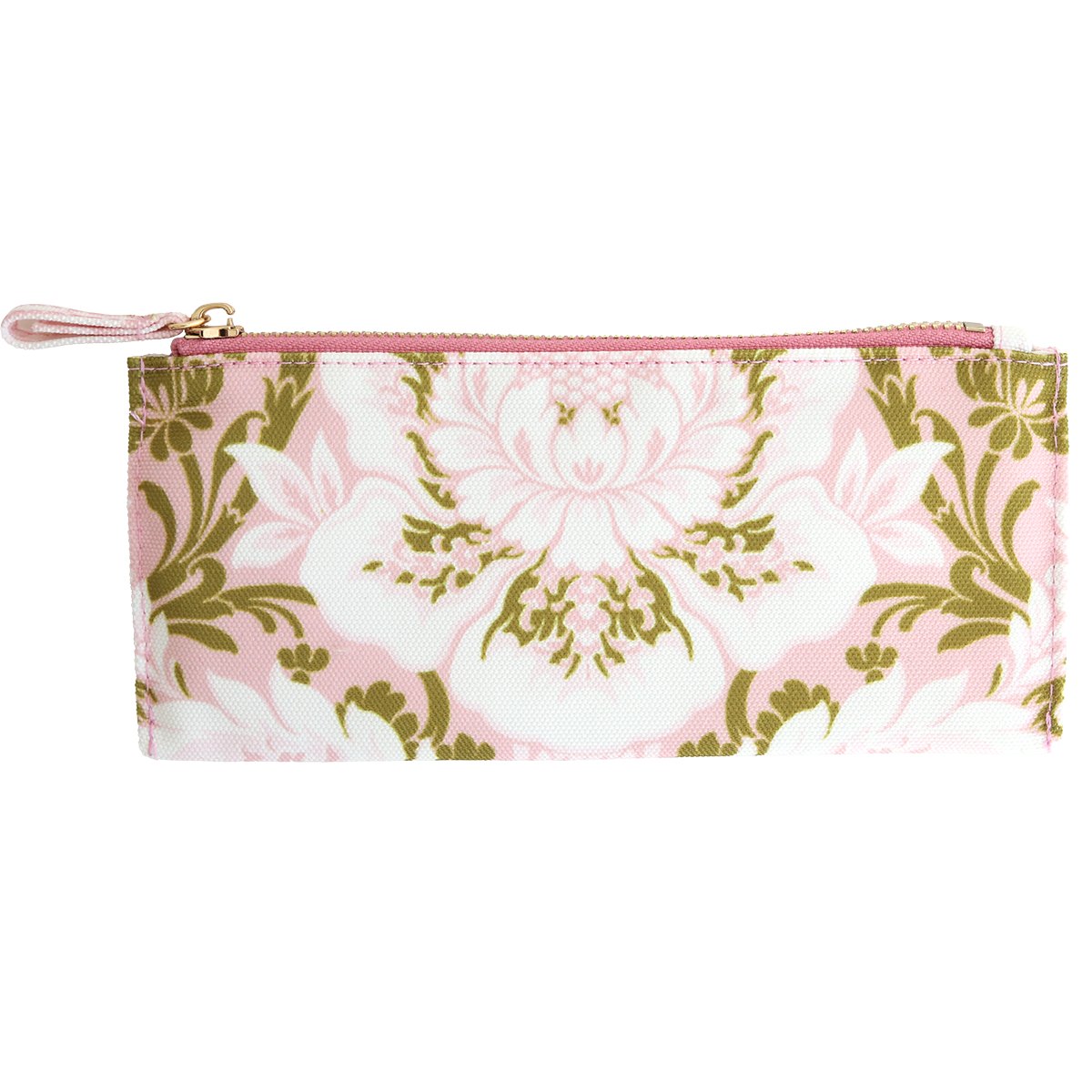 The Pink Damask Pencil Case is a rectangular cotton bag with a pink zipper, featuring a pink, white, and olive green floral pattern.