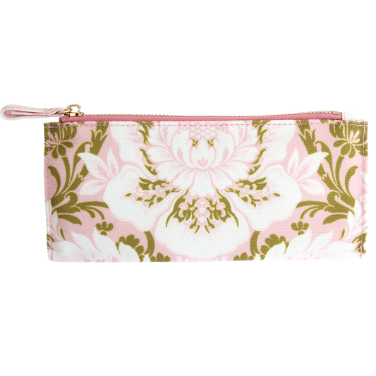 The Pink Damask Pencil Case is a rectangular cotton bag with a pink zipper, featuring a pink, white, and olive green floral pattern.
