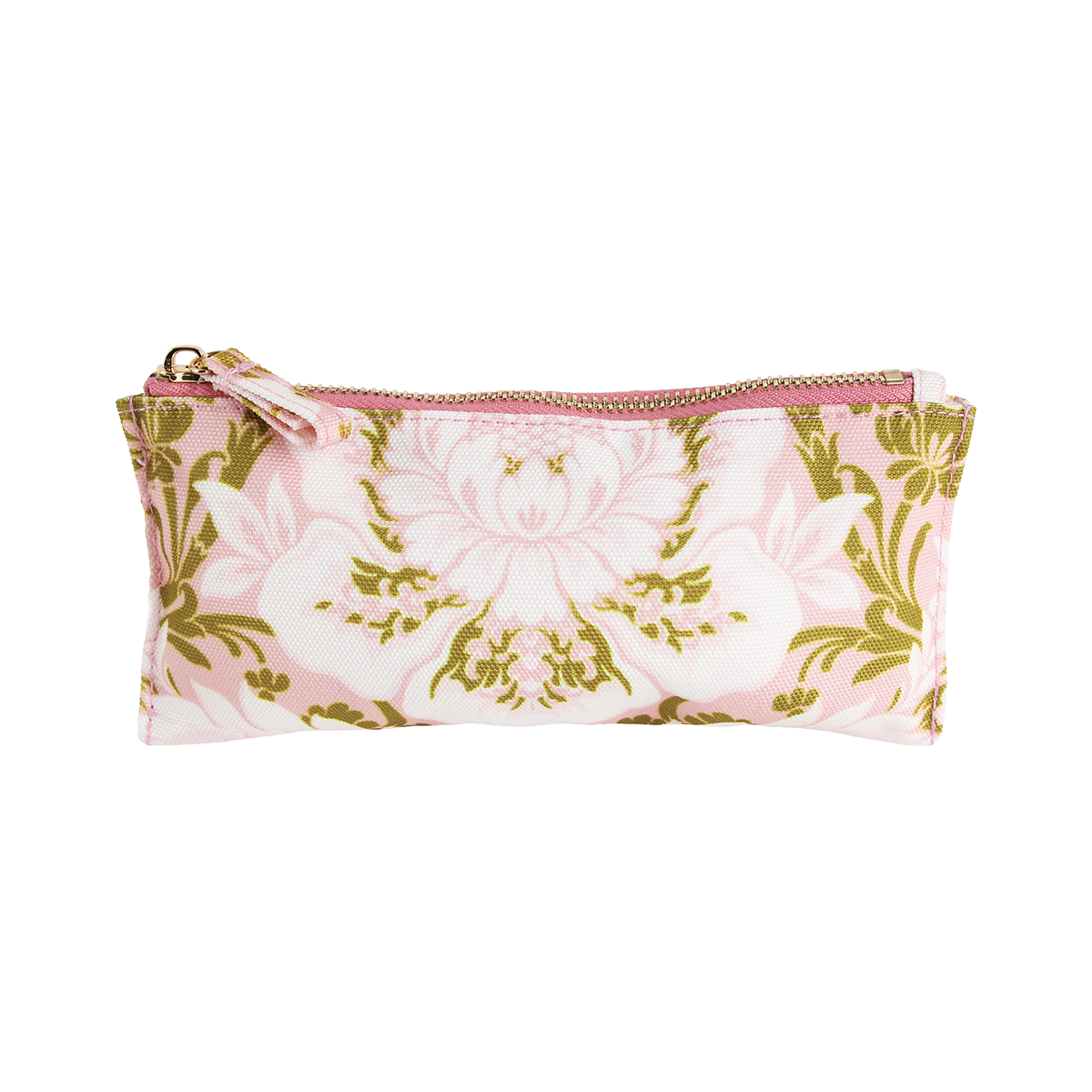 The Pink Damask Pencil Case is a rectangular zippered pouch with a pink and green floral pattern, featuring a gold zipper and fabric pull tab—making it a stylish and functional pencil pouch for women.