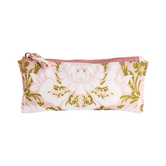 The Pink Damask Pencil Case is a rectangular zippered pouch with a pink and green floral pattern, featuring a gold zipper and fabric pull tab—making it a stylish and functional pencil pouch for women.