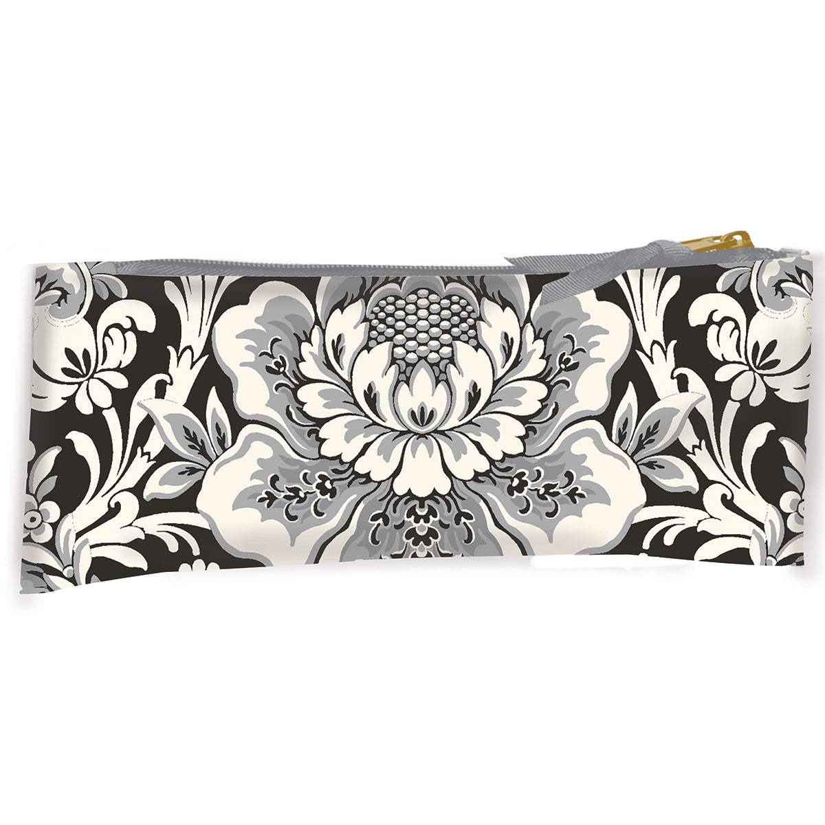 The Damask Noire Pencil Case features a gray and white floral damask pattern on a black background with a gold zipper. Made from durable fabric, it's ideal for stylishly organizing your accessories.