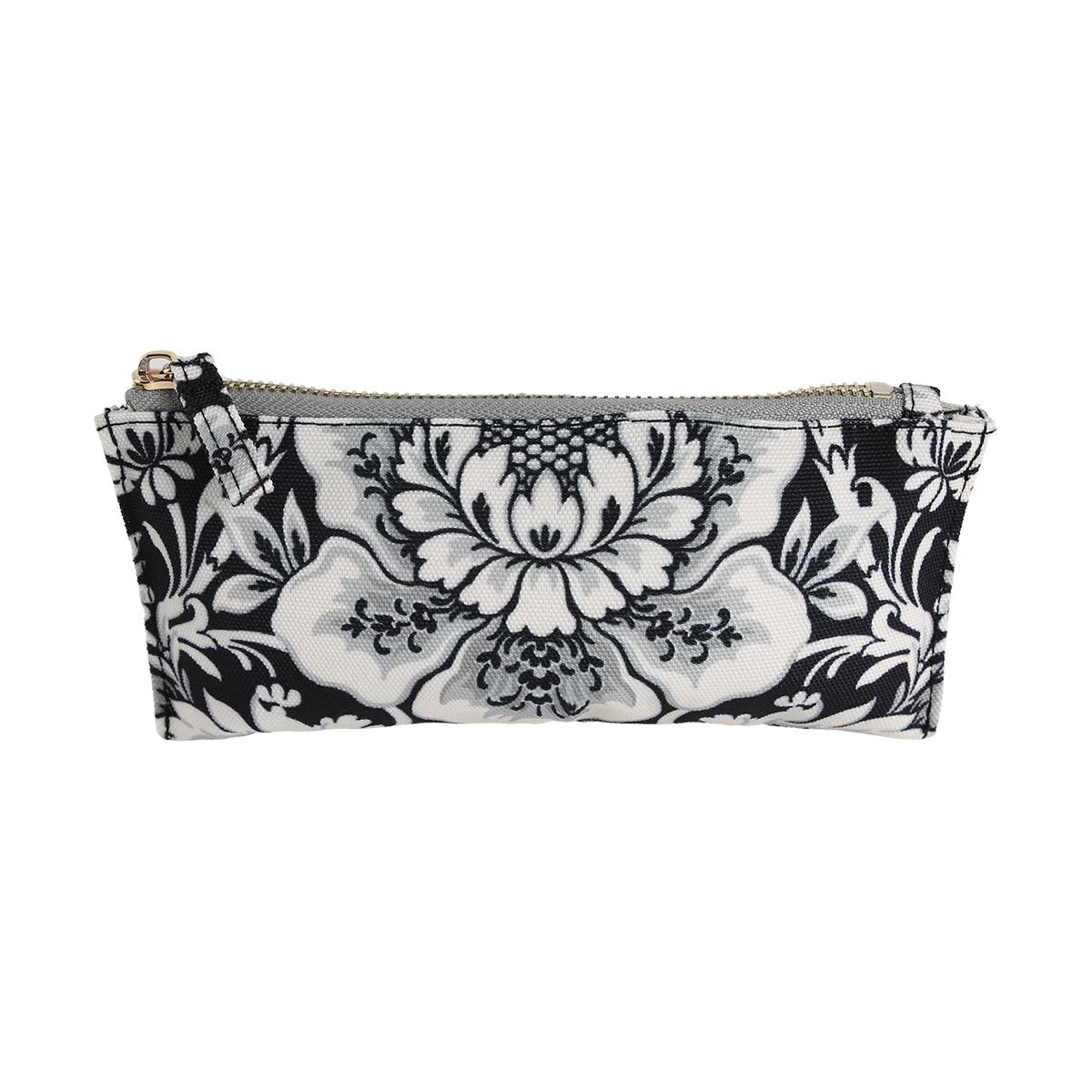 Damask Noire Pencil Case featuring a black and white floral damask pattern and a zippered closure, photographed against a plain white background.