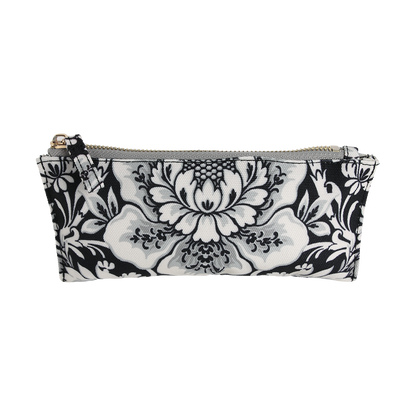 Damask Noire Pencil Case featuring a black and white floral damask pattern and a zippered closure, photographed against a plain white background.