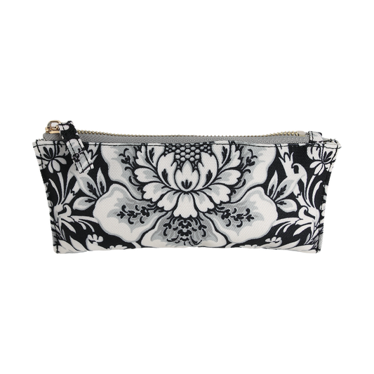 Damask Noire Pencil Case featuring a black and white floral damask pattern and a zippered closure, photographed against a plain white background.