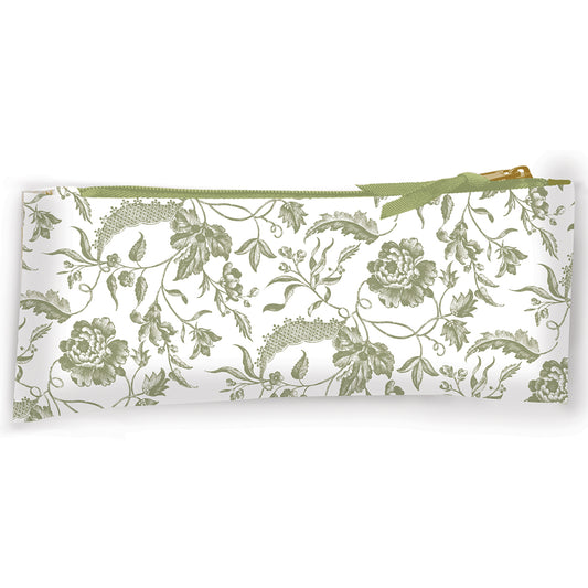 The Green Climbing Rose Pencil Case features durable fabric with a green floral design on white and a zipper closure, perfect for organizing art supplies.