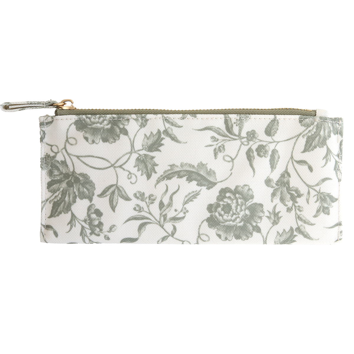 The Green Climbing Rose Pencil Case is a rectangular white case with a gold zipper, showcasing a green floral pattern on durable cotton—ideal for storing your art supplies.