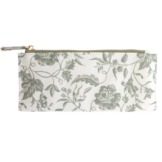 The Green Climbing Rose Pencil Case is a rectangular white case with a gold zipper, showcasing a green floral pattern on durable cotton—ideal for storing your art supplies.
