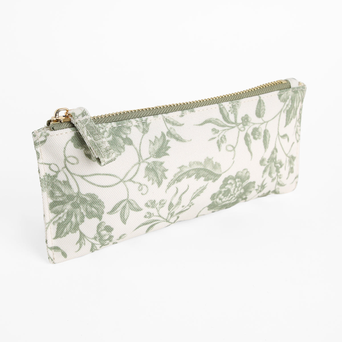 The Green Climbing Rose Pencil Case is a rectangular floral zipper pouch featuring a green botanical pattern and a gold zipper, beautifully displayed on a white background.