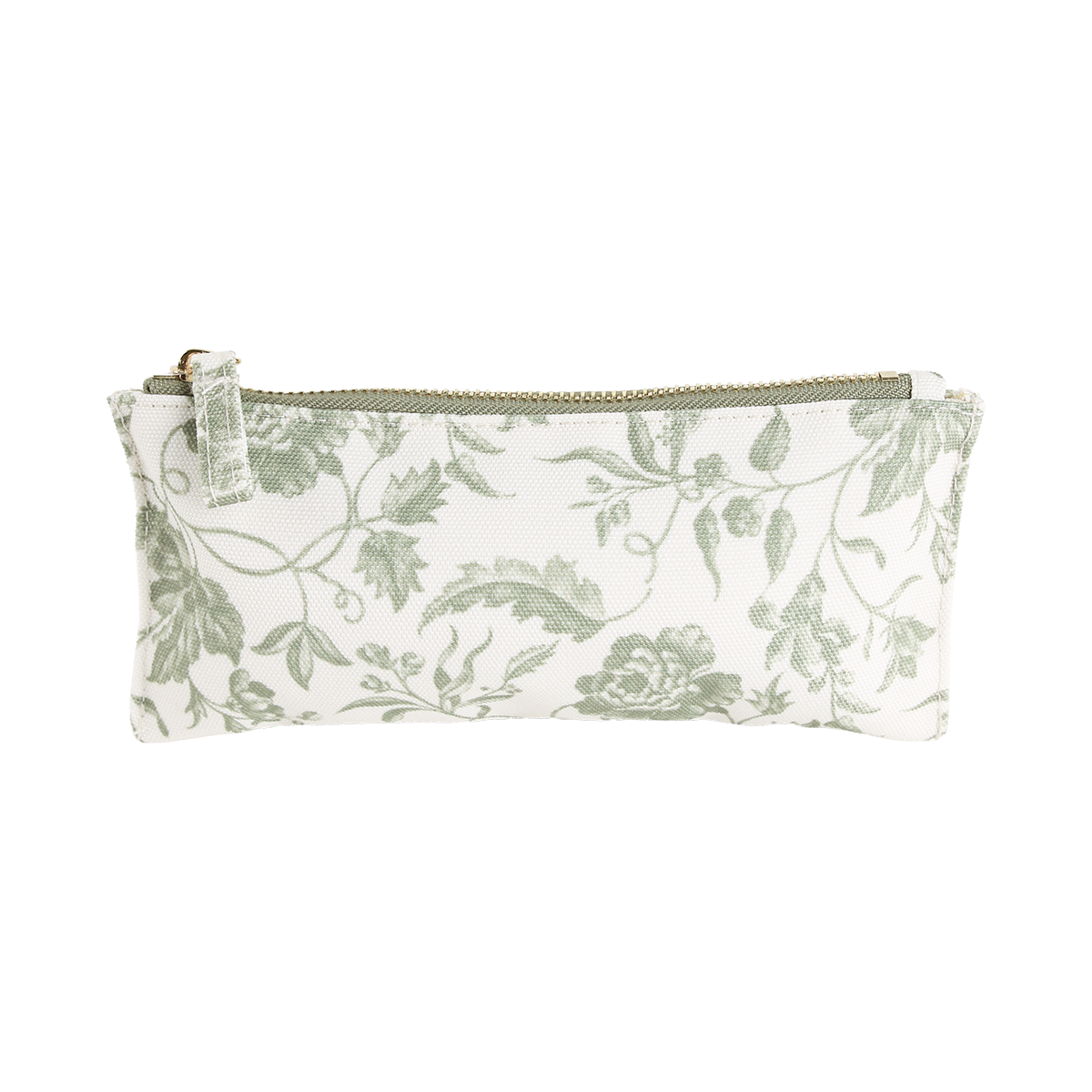 The Green Climbing Rose Pencil Case is a rectangular white pouch featuring a green floral climbing rose pattern and a zipper closure on top, photographed against a plain white background.