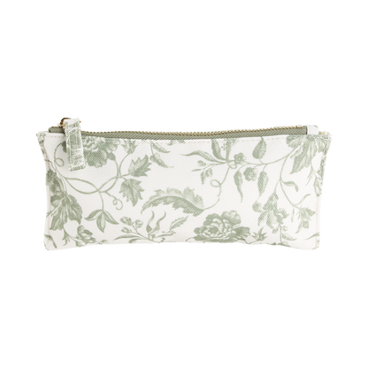 The Green Climbing Rose Pencil Case is a rectangular white pouch featuring a green floral climbing rose pattern and a zipper closure on top, photographed against a plain white background.