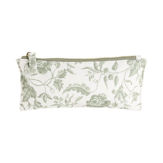 The Green Climbing Rose Pencil Case is a rectangular white pouch featuring a green floral climbing rose pattern and a zipper closure on top, photographed against a plain white background.