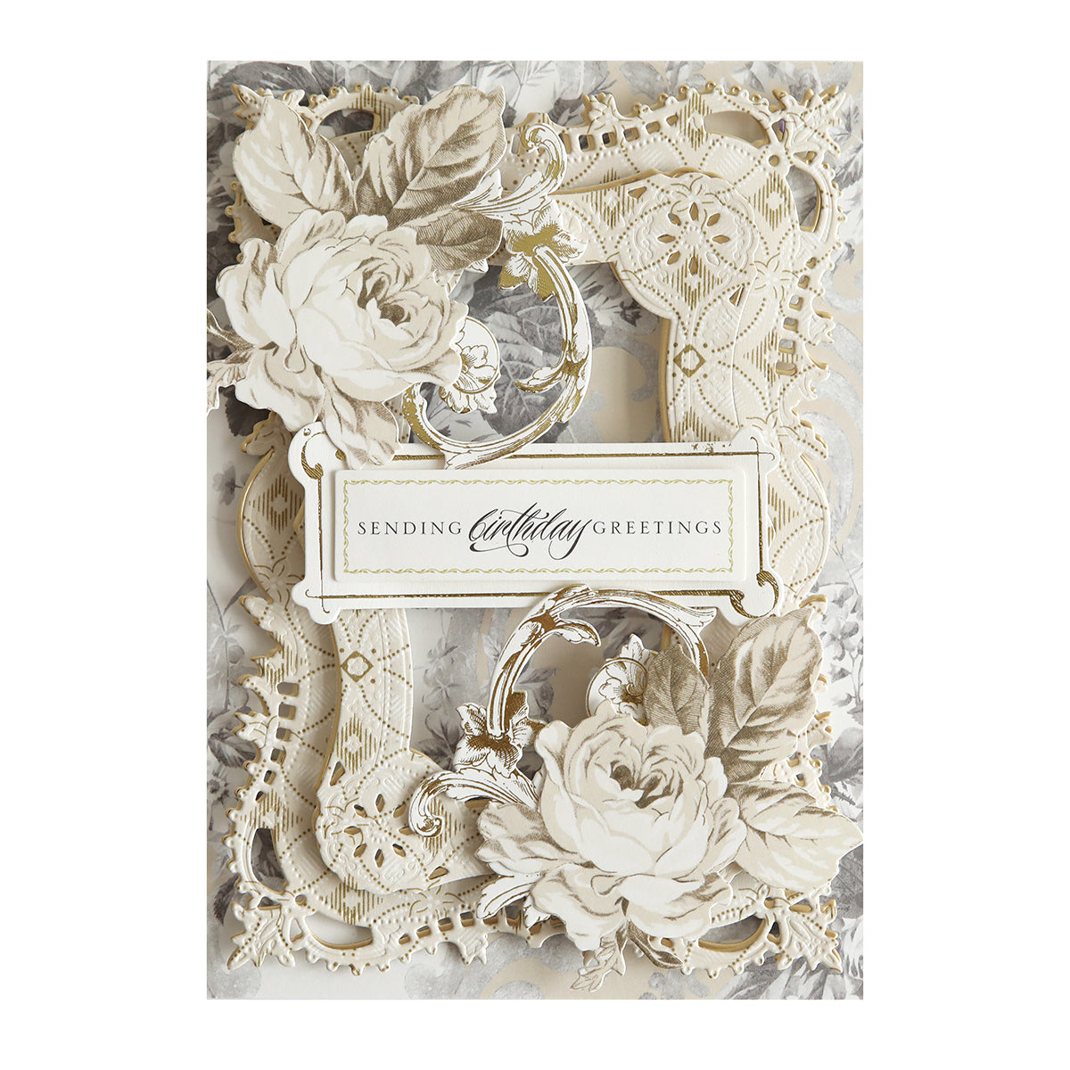 An intricate birthday card with embossed floral designs, lace patterns, and Faded Rose Papers and Embellishments. The card reads "SENDING birthday GREETINGS" in an elegant font.