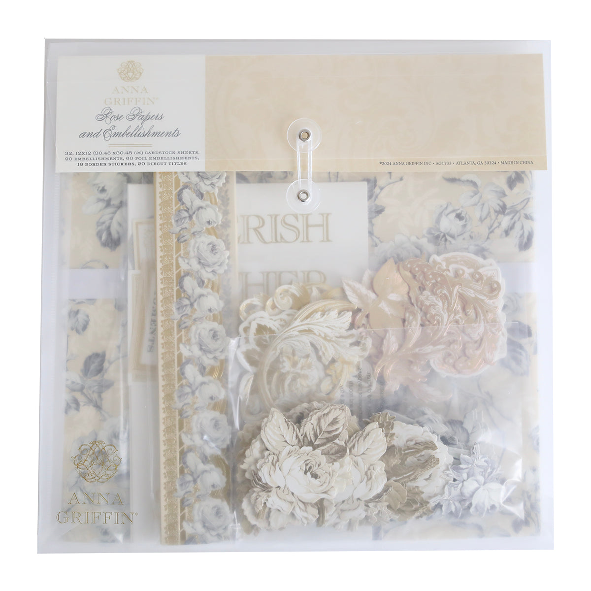 Introducing the Crop at Home 4 Scrapbook Collection: a stunning assortment of decorative floral-patterned papers and embellishments in gold and beige tones with a vintage flair, all packaged in a clear plastic bag. This collection is perfect for your next home crafting session and includes intricate die-cut titles to enhance the elegance of your cardstock projects.