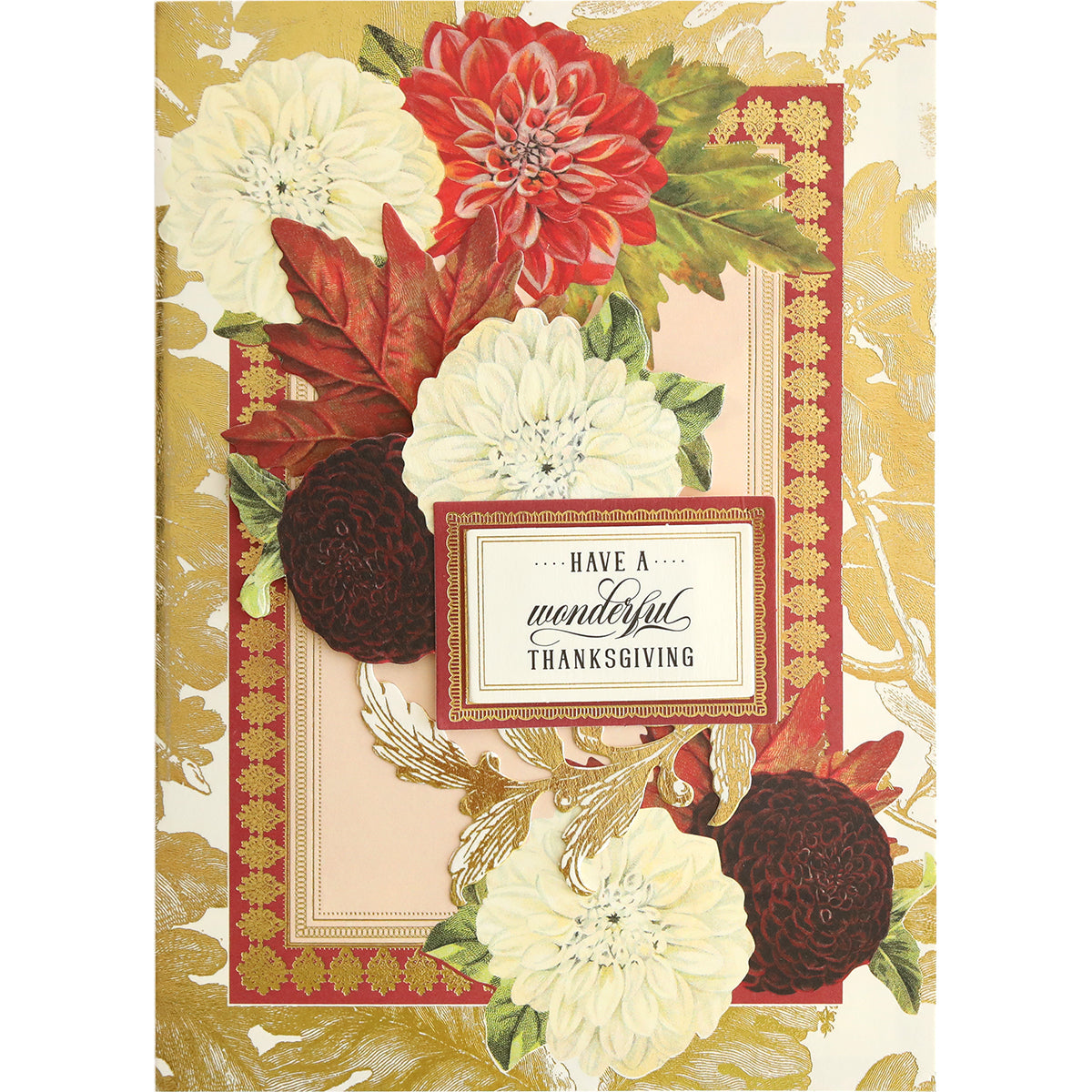 A Thanksgiving card featuring floral decorations and a central message that reads, "Have a wonderful Thanksgiving," is included in the Folded Fall Card Making Kit, providing beautiful cards with an enchanting surprise inside.