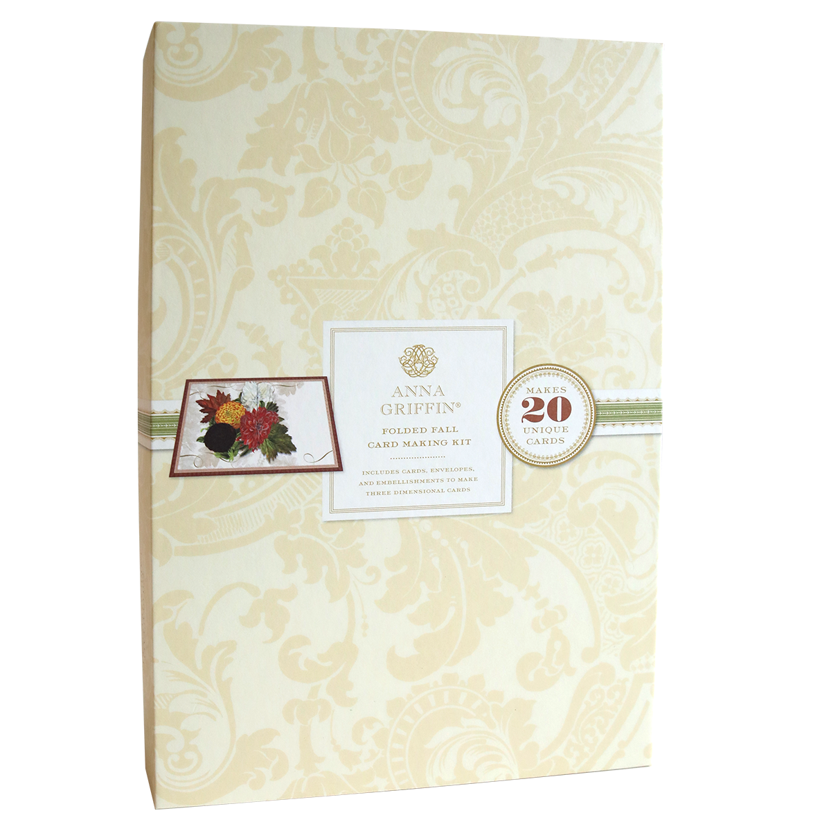 Front cover of a Folded Fall Card Making Kit featuring an intricate, beige floral design and a small image of flowers. The text highlights that the kit creates 20 unique, stunning cards with a surprise element inside for added delight.