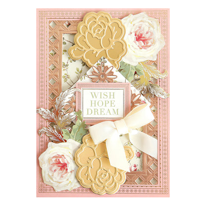 Greeting card featuring the words “WISH HOPE DREAM,” adorned with yellow and white flowers, gold leaves, a cream bow, and a pink patterned border—ideal for scrapbook projects or pairing perfectly with floral rub on transfers from the Ultimate Francesca Papercrafting Collection with Rub Ons.