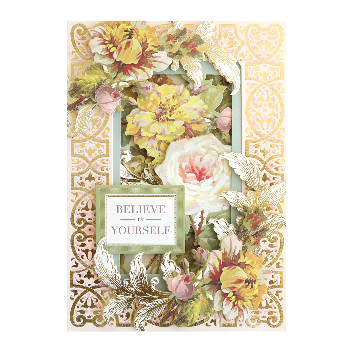 A decorative card made with Francesca Embellishments, featuring ornate gold patterns, dimensional floral stickers, and a central square label that says "BELIEVE IN YOURSELF.