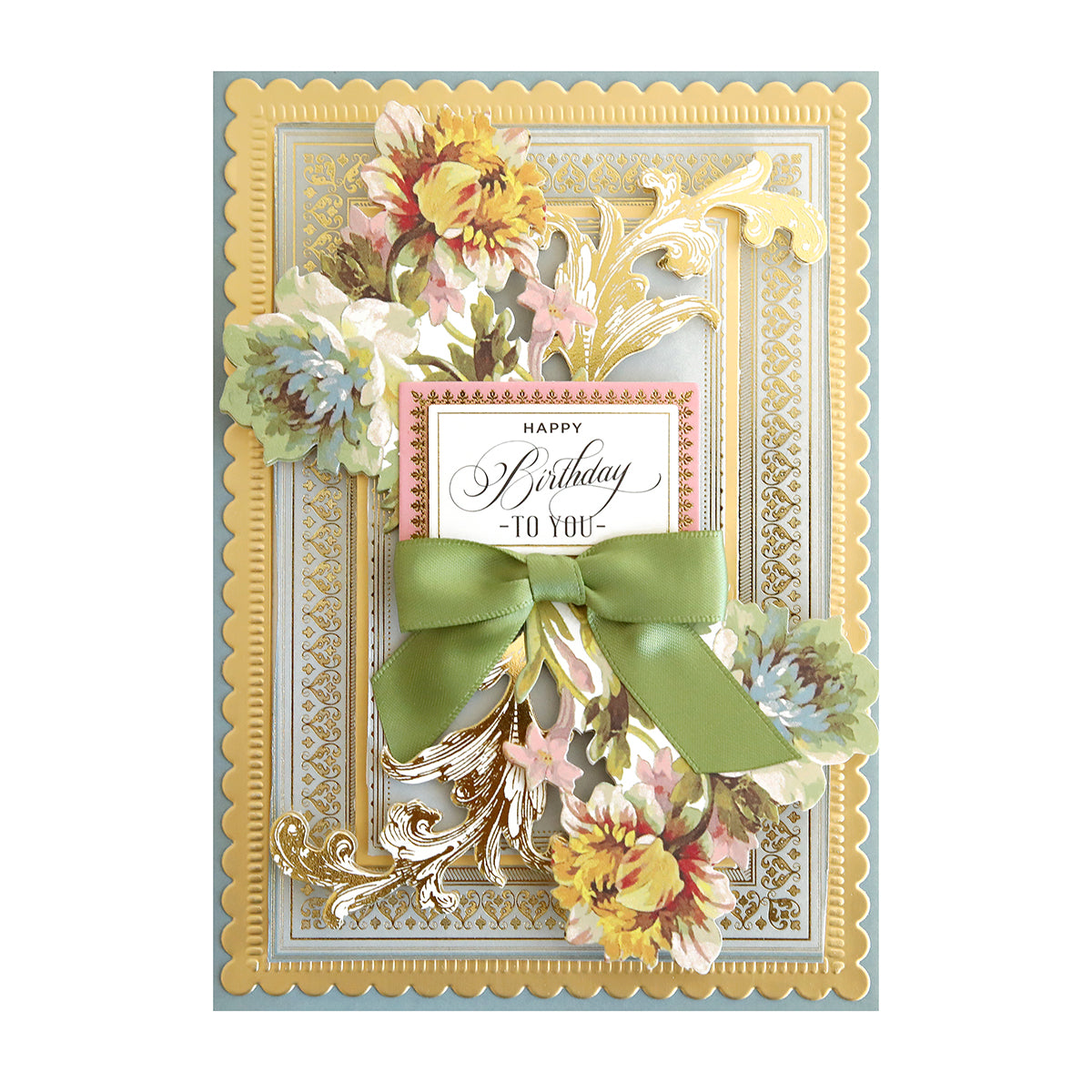 The Francesca Embellishments birthday card features floral designs, gold accents, a green ribbon, and 3D floral stickers, with the message "Happy Birthday to You.