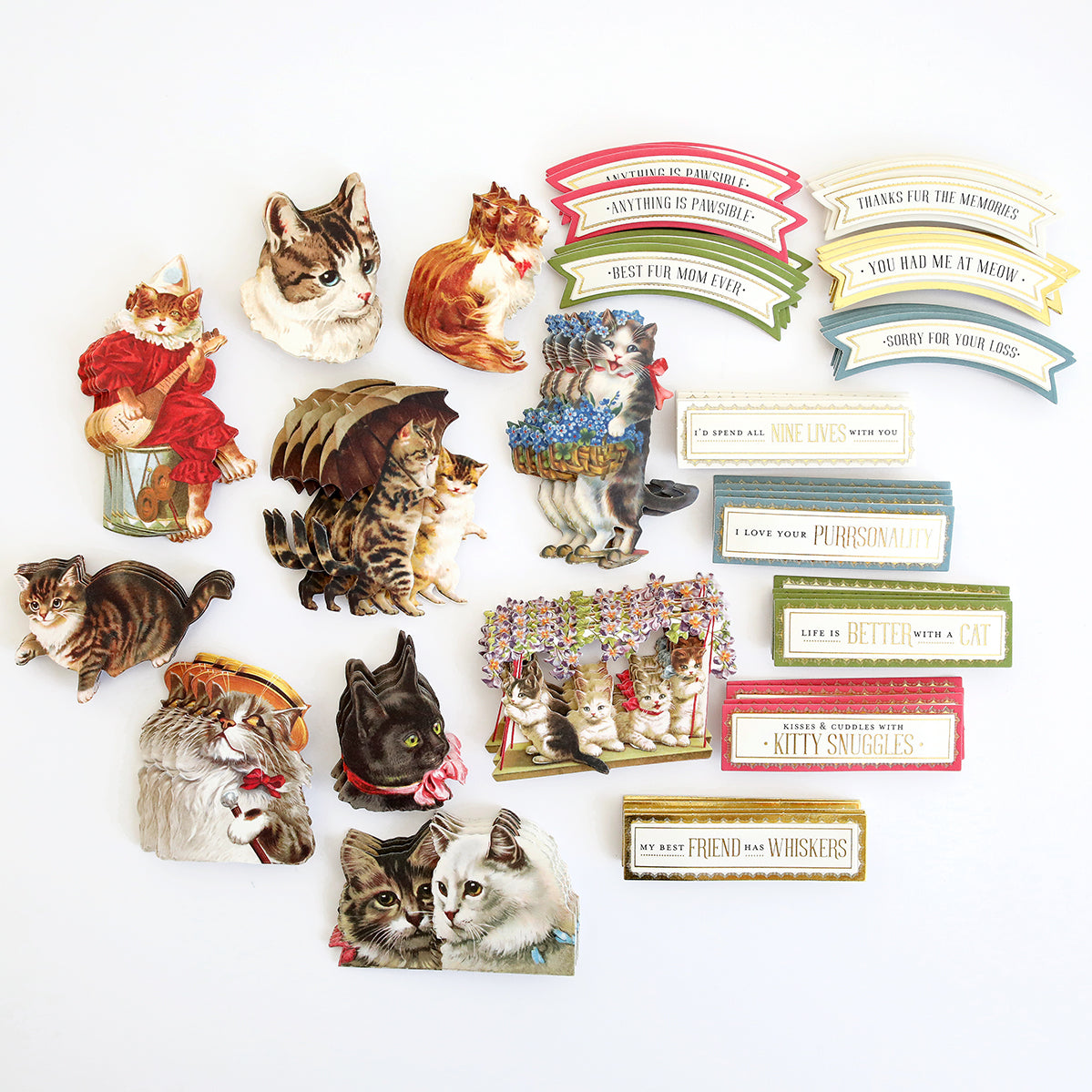 A collection of Fur Baby Cat Stickers and Sentiments with various illustrations and sentiments celebrating cats for cat lovers.
