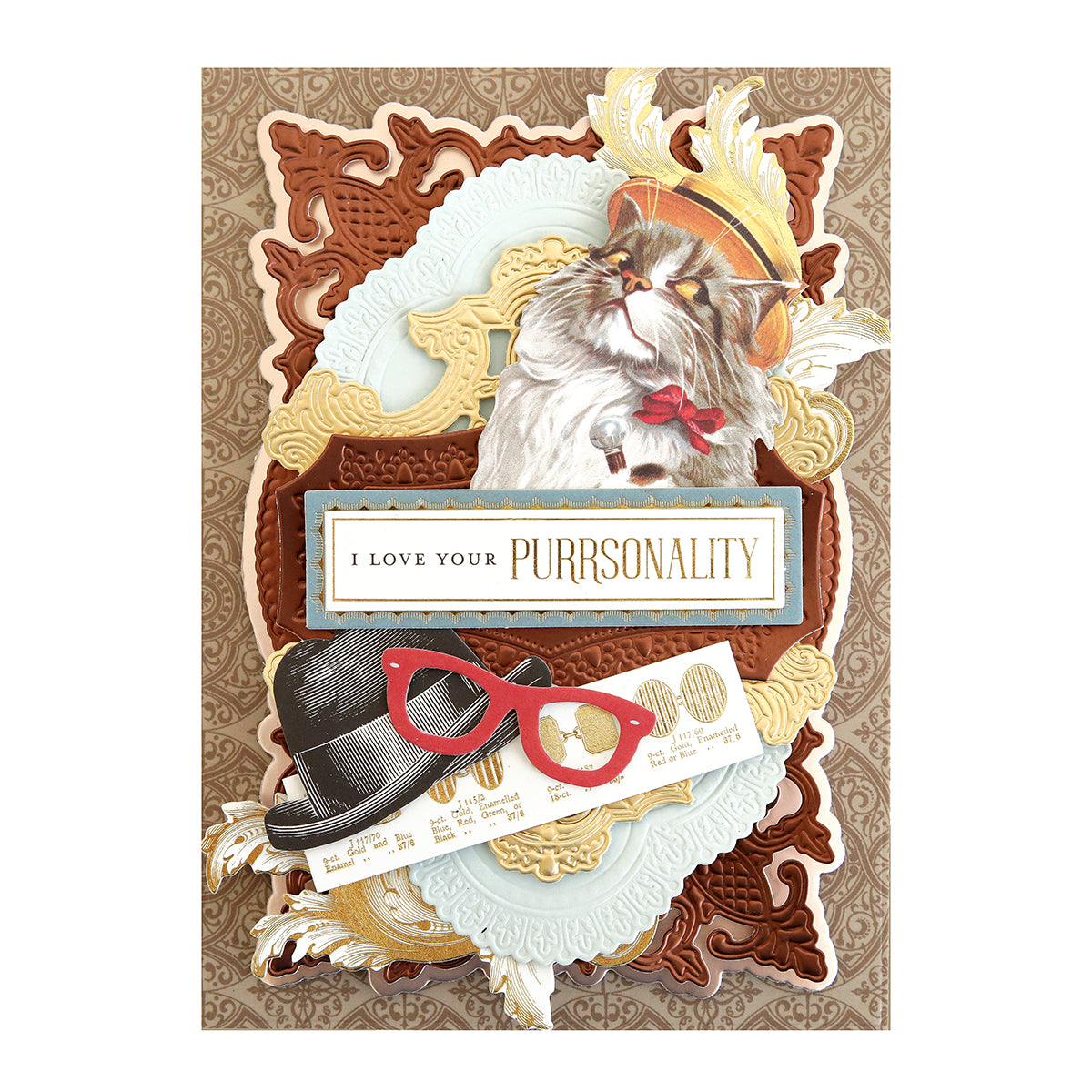 Illustration of a guinea pig with glasses and a hat, accompanied by the sentiment "i love your purrsonality" on a decorative background featuring dimensional Fur Baby Cat Stickers and Sentiments.