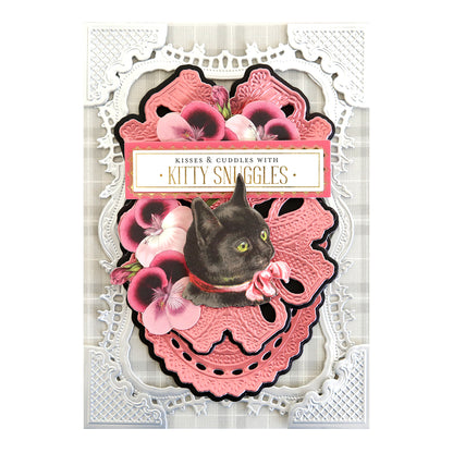 An ornate Fur Baby Cat Stickers and Sentiments featuring a black cat surrounded by pink flowers with the words "sentiments of kisses & cuddles with kitty snuggles".