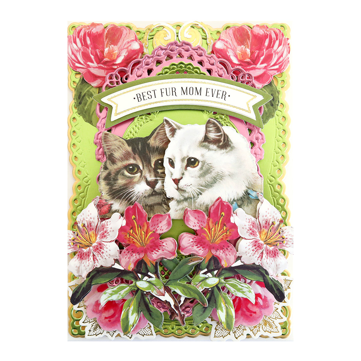 Greeting card with "best fur mom ever" sentiments, featuring an illustration of two cats surrounded by Fur Baby Cat Stickers and Sentiments.