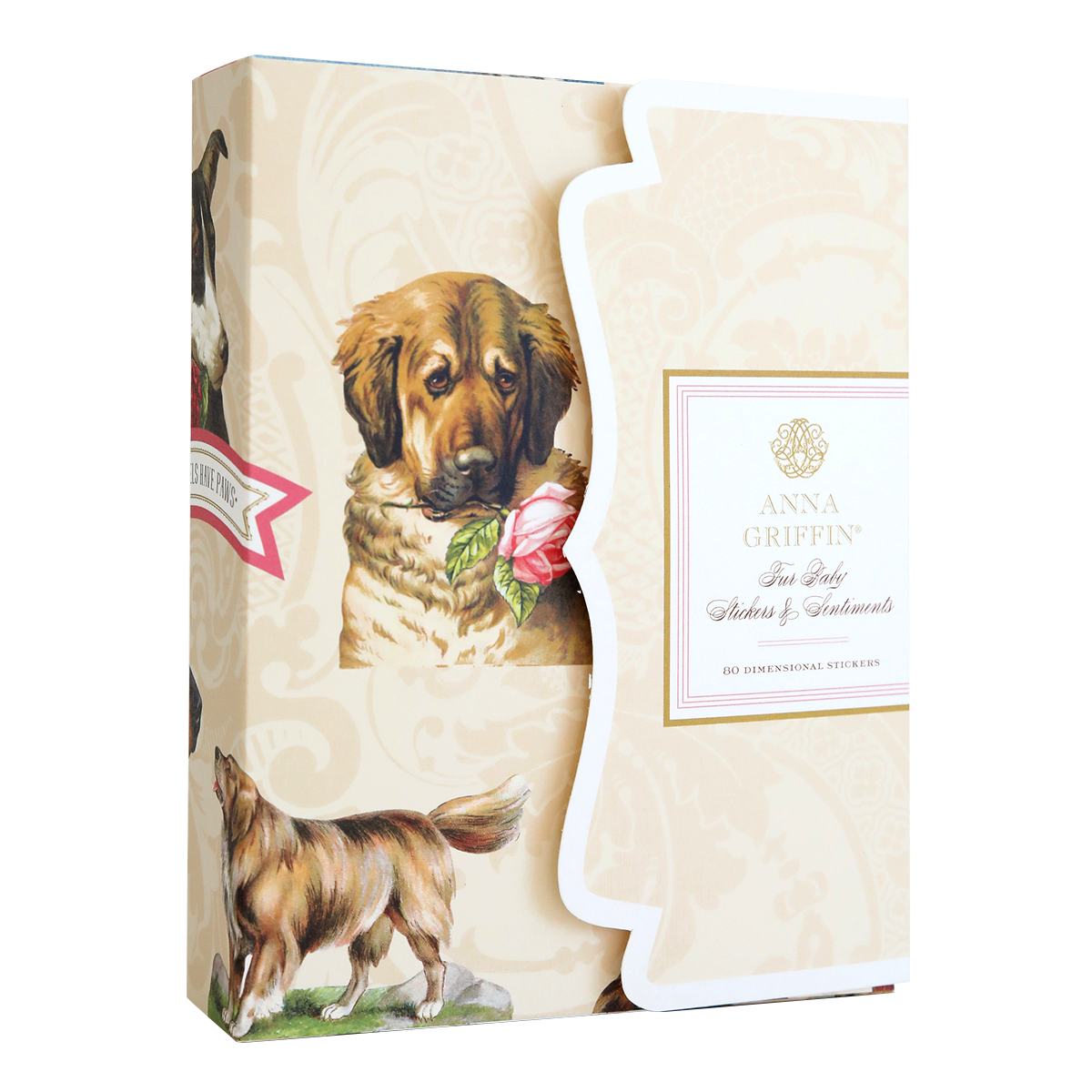 Decorative stationery box featuring images of dogs and floral elements with the text "Fur Baby Dog Stickers and Sentiments" for scrapbook pages and 80 dog embellishments.