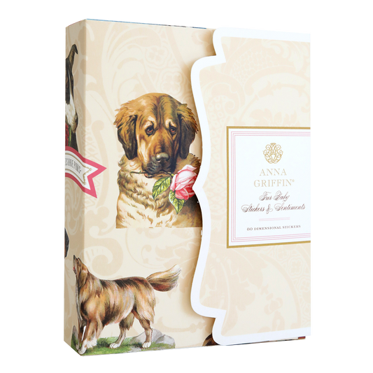 Decorative stationery box featuring images of dogs and floral elements with the text "Fur Baby Dog Stickers and Sentiments" for scrapbook pages and 80 dog embellishments.