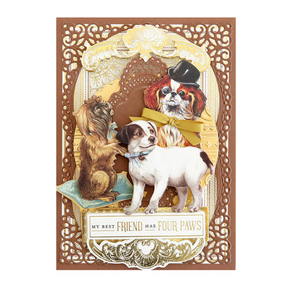 Greeting card with an ornate border featuring a collage of three dogs wearing hats and the phrase "my best friend has four paws," enhanced with Fur Baby Dog Stickers and Sentiments embellishments.