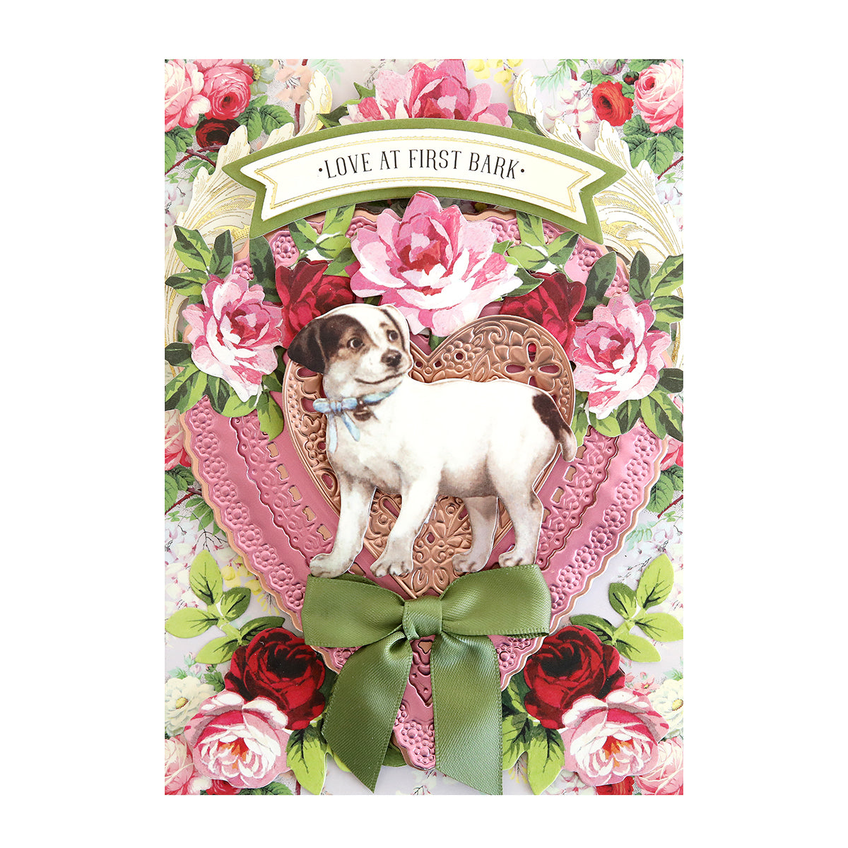 Decorative card with floral background featuring Fur Baby Dog Stickers and Sentiments including a dog illustration, dog embellishments, and the phrase "love at first bark.
