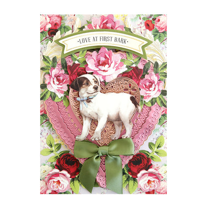 Decorative card with floral background featuring Fur Baby Dog Stickers and Sentiments including a dog illustration, dog embellishments, and the phrase "love at first bark.