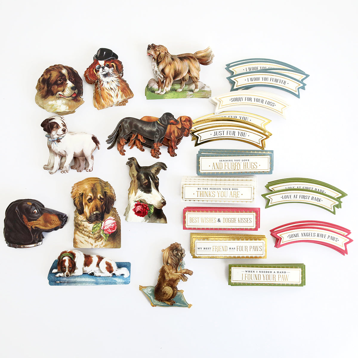 A collection of Fur Baby Dog Stickers and Sentiments displayed on white scrapbook pages.