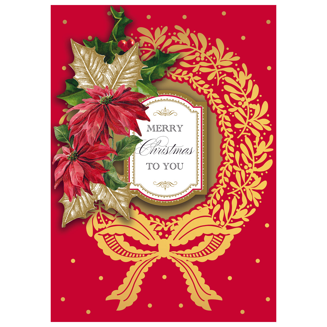 The Gold Wreath Boxed Card 10 ct set includes handmade holiday cards that feature intricate 3-dimensional poinsettia flowers, gold leaves, and a shimmering gold wreath on a vibrant red background. The center of the card beautifully displays the text "Merry Christmas to you.