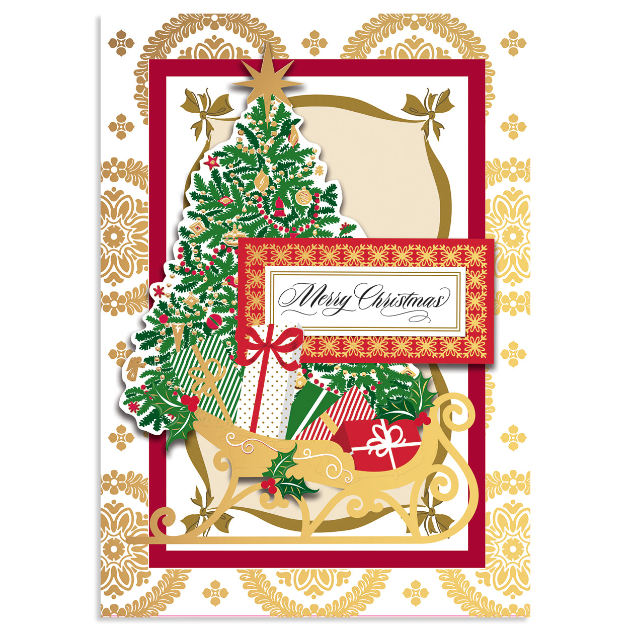 The Sleigh with Tree Boxed Card 10 ct features a festive Christmas card with an ornate border, specialty finishes, a beautifully decorated 3-dimensional tree, gifts, and "Merry Christmas" text in the center.