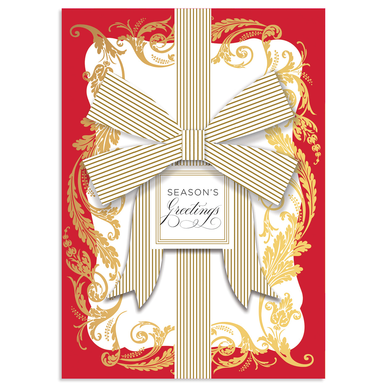 Season's Greetings card from the Gold Bow Red Boxed Card 10ct. collection, featuring an ornate gold and red floral design with a striped bow and central text. Handmade with specialty finishes for added elegance.