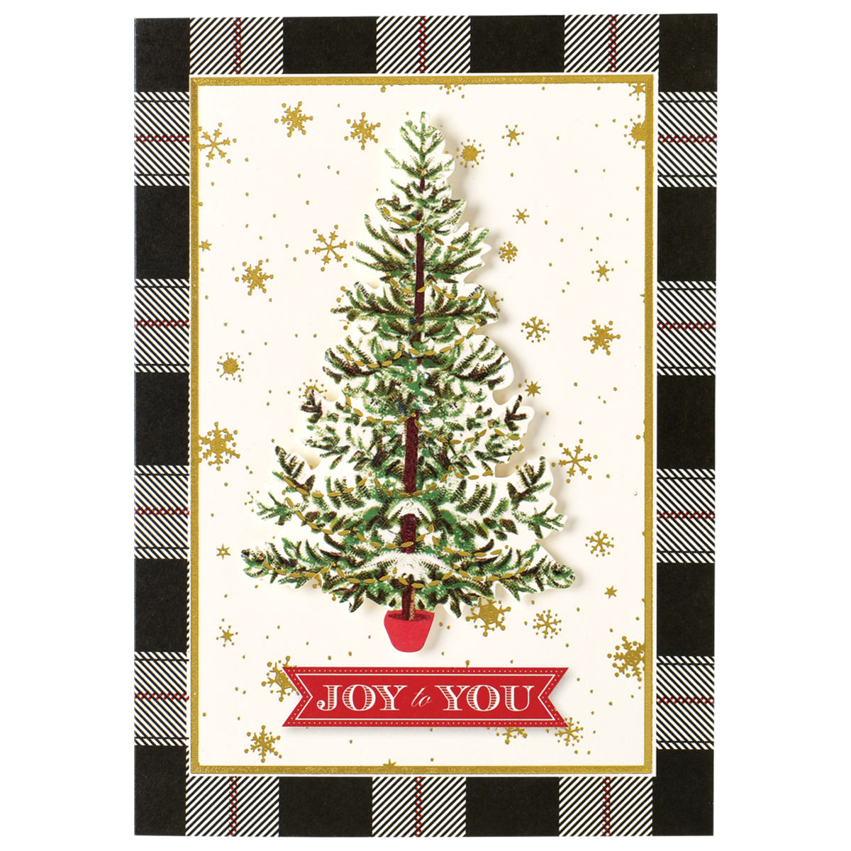 The Tree Black Plaid Boxed Card features a beautiful Christmas card displaying a decorated tree in a red pot, adorned with a "Joy to You" banner. The backdrop is embellished with gold snowflakes, framed by an elegant black-and-white plaid pattern. This exquisite card is one of our handmade holiday creations, boasting specialty finishes that make it truly unique. Available as part of our 10-count boxed set.