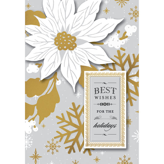 Discover the White Poinsettia Card Box 10ct, handmade holiday cards showcasing a stunning design of gold and white poinsettias, snowflakes, and mistletoe. Each card features specialty finishes with a framed message that reads "Best Wishes for the Holidays" in elegant black and gold lettering.