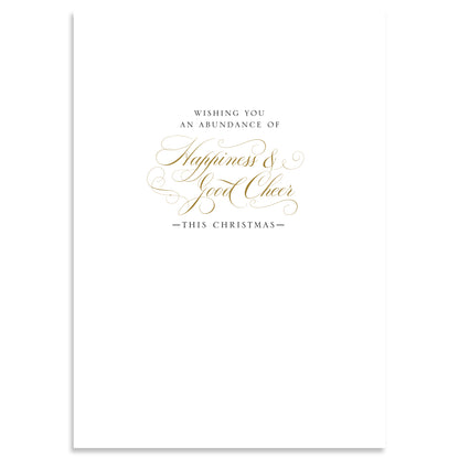 A white Plaid Gift Tree Card from the 10-count box, featuring a 3-dimensional design with the message "Wishing you an abundance of happiness & good cheer this Christmas" in elegant gold and black script.