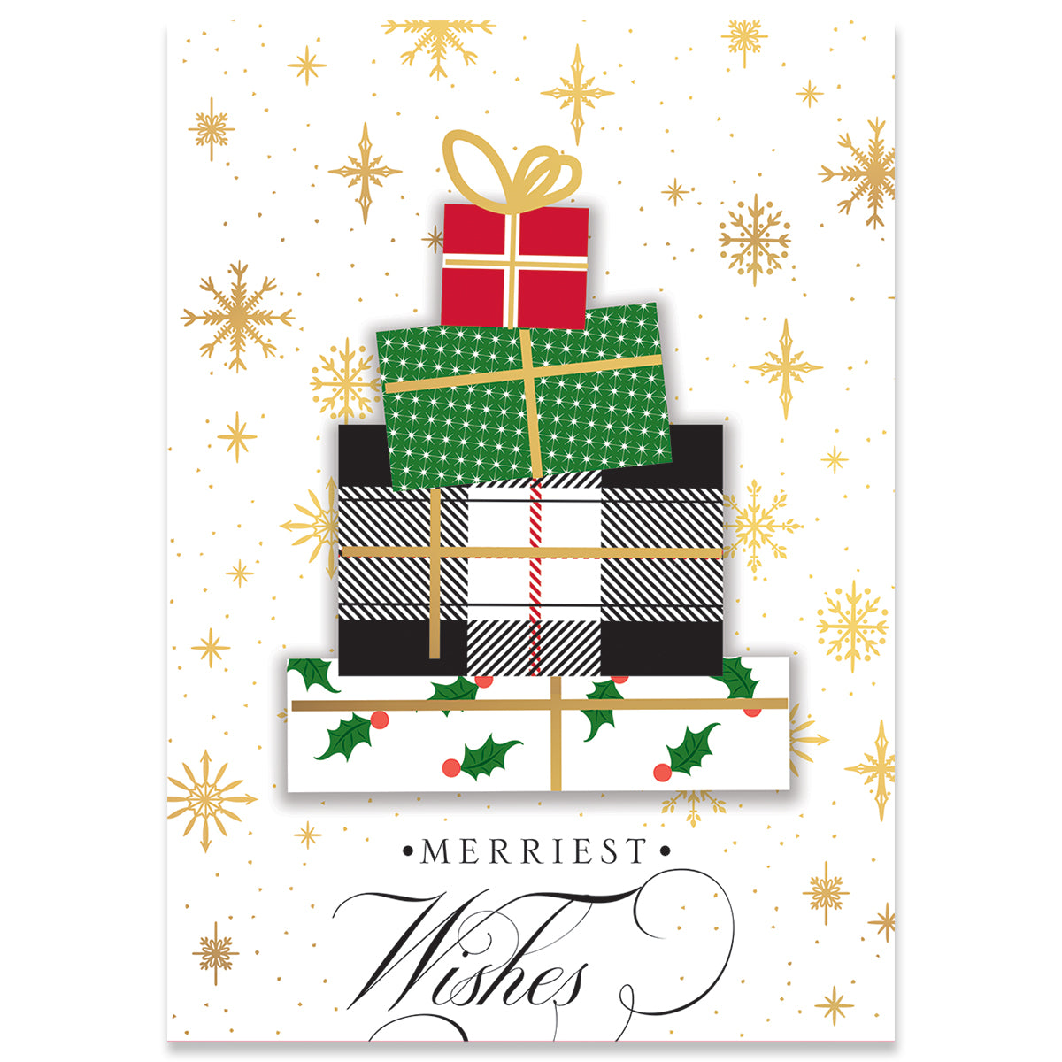 A charming scene featuring a stack of five wrapped gifts with various patterns is displayed against a white background adorned with gold snowflakes and stars. The text "Merriest Wishes" graces the bottom, evoking the charm of handmade holiday cards—perfect for sharing Christmas joy. This delightful design is part of the "Plaid Gift Tree Card Box 10 ct.