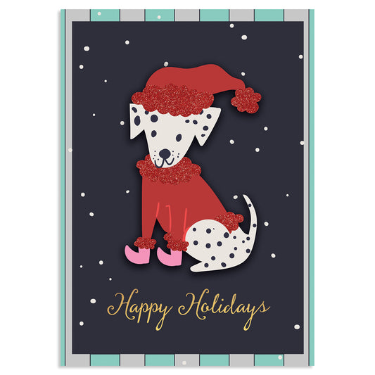 The Santa Dog Boxed Card 10 ct. features an illustrated Dalmatian in a red Santa hat and outfit, with pink booties on a snowy background. Its specialty finishes make it perfect for handmade holiday cards. Reads "Happy Holidays.